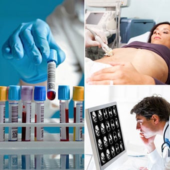 A collection of blood test samples, a doctor performing a liver biopsy on a female patient, and a doctor examining CAT scan images of a human abdomen.
