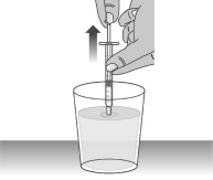 Clean the dosing dispenser by pulling back on the plunger slowly to fill the dosing dispenser with water from the cup - Illustration