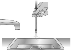 Over a sink, push the water out of the dosing dispenser - Illustration