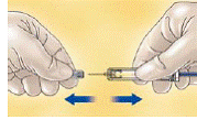 Orient the needle away from you and others, and
activate the safety system by firmly pushing the plunger rod - Illustration Orient the needle away from you and others, and
activate the safety system by firmly pushing the plunger rod - Illustration