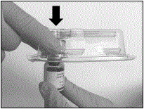 Place the blister pack containing the vial adapter firmly on the vial top, piercing the vial - Illustration
