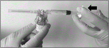 Place your thumb on the plunger rod and push the plunger rod in all the way to transfer the diluent - Illustration