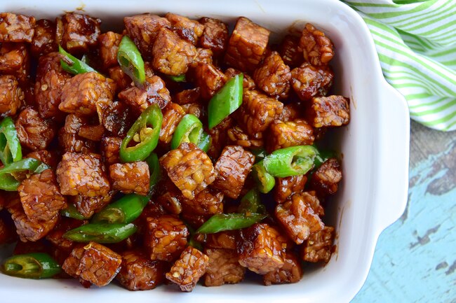 Made from fermented soybeans, tempeh has even more protein than tofu.