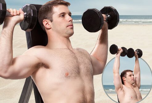Sometimes called the military press, this move sculpts the deltoid muscles in the shoulder.