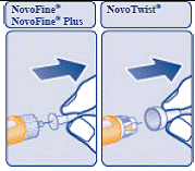 Turn the NovoLog vial and syringe upside down
and slowly pull the plunger down until the black tip is a few units past the
line for your dose - Illustration