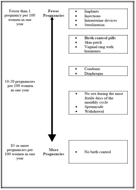 Chart showing the chance of getting pregnant for women who use different methods of birth control - Illustration Chart showing the chance of getting pregnant for women who use different methods of birth control - Illustration