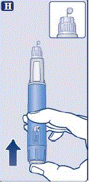 Hold the pen with the needle pointing up. Press and hold in the dose button until the dose counter shows 0. The 0 must line up with
the dose pointer. - Illustration Hold the pen with the needle pointing up. Press and hold in the dose button until the dose counter shows 0. The 0 must line up with
the dose pointer. - Illustration