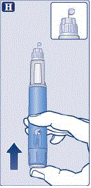 Hold the pen with the needle pointing up. Press and hold in the dose button until the dose counter shows 0. The 0 must line up with the dose pointer. - Illustration Hold the pen with the needle pointing up. Press and hold in the dose button until the dose counter shows 0. The 0 must line up with the dose pointer. - Illustration