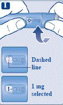 Turn the dose selector until the dose counter stops and shows your 1 mg dose. - Illustration Turn the dose selector until the dose counter stops and shows your 1 mg dose. - Illustration