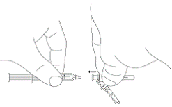 With one hand, hold the syringe by the barrel. With your other hand, hold the needle close to the hub where the green needle cover connects to the syringe - Illustration