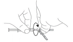 Push the needle onto the syringe and tighten by using an easy twisting motion in the direction of the arrow - Illustration