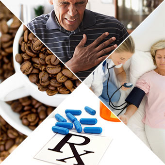 Collage showing various causes of premature ventricular contractions such as heart attack or congestive heart failure, high blood pressure, medications, and excessive caffeine.