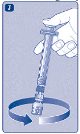 Without removing the syringe, gently swirl the
REBINYN vial until all of the powder is dissolved - Illustration Without removing the syringe, gently swirl the
REBINYN vial until all of the powder is dissolved - Illustration
