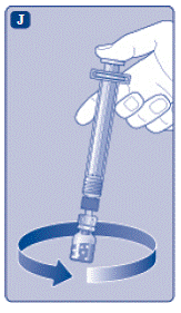 Screw the pre-filled syringe securely onto the
vial adapter until resistance is felt - Illustration Screw the pre-filled syringe securely onto the
vial adapter until resistance is felt - Illustration