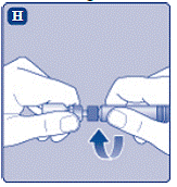 Connect the pre-filled diluent syringe to the vial
adapter by turning it clockwise until it is secured - Illustration Connect the pre-filled diluent syringe to the vial
adapter by turning it clockwise until it is secured - Illustration