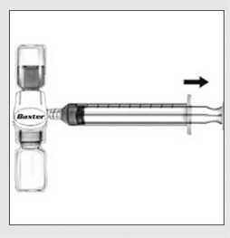 Draw the RIXUBIS solution into the syringe by pulling back the plunger slowly. Disconnect the syringe from the BAXJECT II unscrewing it counterclockwise - Illustration