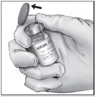 Remove caps from the RIXUBIS concentrate and diluent vials to expose the centers of the rubber stoppers - Illustration