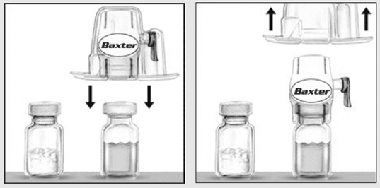Turn the package with the BAXJECT II device upside down and place it over the top of the diluent vial. Fully insert the clear plastic spike of the device into the center of the diluent vial stopper by pushing straight down. Grip the package at its edge and lift it off the device - Illustration