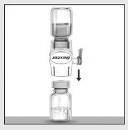 Fully insert the white plastic spike into the RIXUBIS vial stopper by pushing straight down - Illustration
