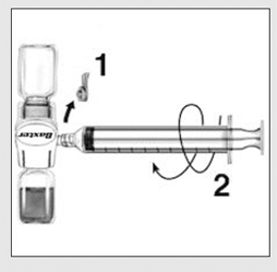 Take off the blue cap from the BAXJECT II device and connect the syringe by screwing it clockwise until the syringe is secured - Illustration