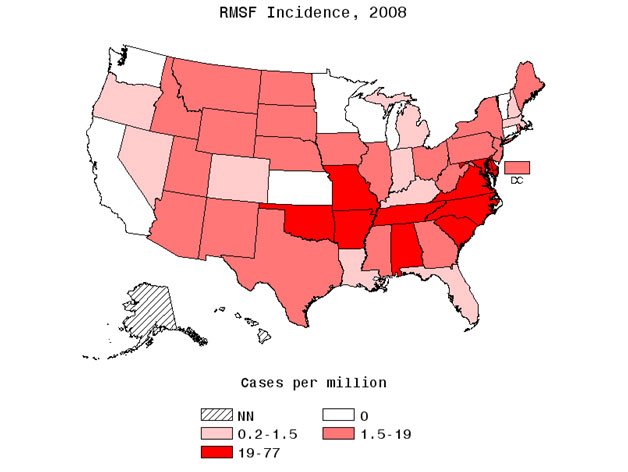 Reported incidence of RMSF per million people in 2008