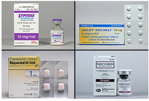 Zyprexa 10 mg vial, Abilify Discmelt 15 mg tablet, Risperdal M-Tab 1 mg ODT, Geodon 20 mg vial