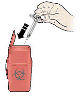 When done, release your thumb, and gently lift the syringe and pull the needle out of your skin. - Illustration