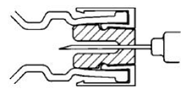Insert needle squarely through center of stopper until tip - Illustration Insert needle squarely through center of stopper until tip - Illustration