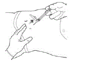 Lock the needle guard into place by pushing it against a
hard surface such as a table - Illustration Lock the needle guard into place by pushing it against a
hard surface such as a table - Illustration