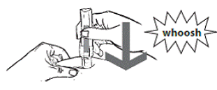 Steadily press Sumavel DosePro straight down against your skin until you hear a click and feel a burst of air - Illustration Steadily press Sumavel DosePro straight down against your skin until you hear a click and feel a burst of air - Illustration