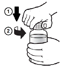 Open the bottle by pushing down firmly on the child-resistant cap and turning it counter-clockwise - Illustration