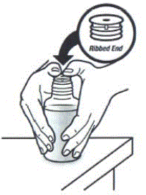 Firmly push down on the adapter until the ribbed end of the adapter fits into the neck of the bottle as far as it will go and is firmly in place - Illustration
