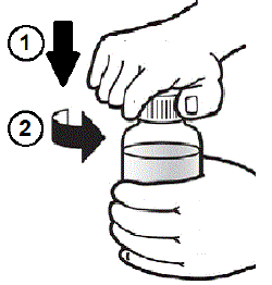 Open the bottle by pushing down firmly on the child-resistant cap and turning it counter-clockwise - Illustration