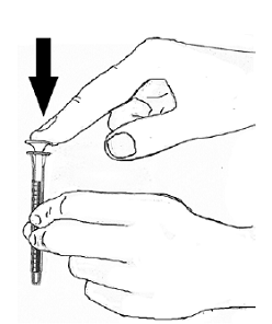 Hold the oral syringe in one hand. With your other hand, fully push down (depress) the plunger - Illustration