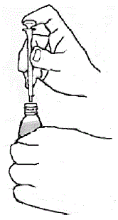 Keeping the bottle in an upright position, insert the syringe tip firmly into the adapter - Illustration
