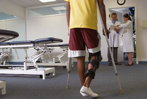 Photo of a man with a knee brace and crutches.