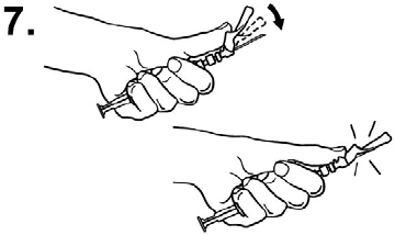 Lift up the safety cover and remove the clear plastic needle
shield by pulling it from the assembly - Illustration