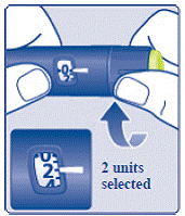Turn the TRESIBA vial and syringe upside
down and slowly pull the plunger down until the tip of the plunger is a few
units past the line for your dose - Illustration
