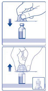 Remove the protective paper from the vial adapter, but do not unscrew the protective cap - Illustration Remove the protective paper from the vial adapter, but do not unscrew the protective cap - Illustration