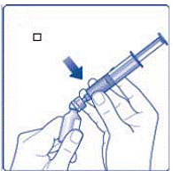 Inject the air from the syringe into the diluent vial until resistance is felt. Then hold the syringe with the diluent vial upside down and withdraw 3.2 mL water into the syringe - Illustration Inject the air from the syringe into the diluent vial until resistance is felt. Then hold the syringe with the diluent vial upside down and withdraw 3.2 mL water into the syringe - Illustration
