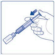 Remove the empty diluent vial by tipping the syringe with the attached vial adapter - Illustration Remove the empty diluent vial by tipping the syringe with the attached vial adapter - Illustration