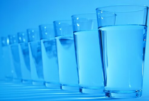 A row of water glasses.