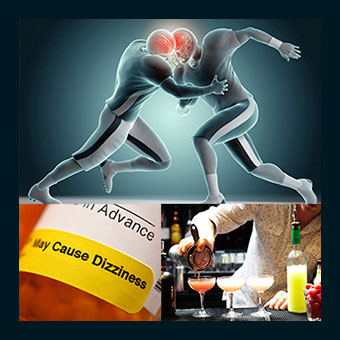 A collage shows possibles causes of dizziness such as head injuries, medications and alcohol.