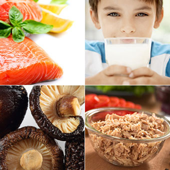 Foods that contain vitamin D: Raw salmon filet, a glass of milk, fresh shiitake mushrooms, and canned tuna.