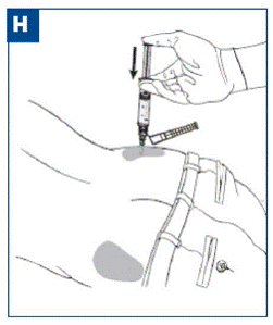 After the injection is administered, cover the needle by pressing the needle protection device against a flat surface using a one-handed technique to activate the safety mechanism away from self and others - Illustration