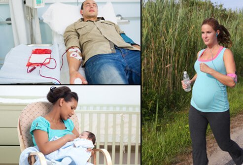 A patient receives a blood transfusion in the hospital (top left). A mother breastfeeds her baby (bottom left). A pregnant woman runs along a wilderness trail (right).