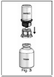 invert the diluent vial with the Mix2Vial™ attached and push the transparent plastic cannula end of the Mix2Vial™ firmly through the stopper of the WILATE vial - Illustration