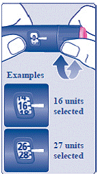 Turn the dose selector to
select the dose you need to inject.</b> The dose pointer should line up with your dose - Illustration