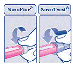 Push the capped needle straight
onto the pen and twist the needle on until it is tight - Illustration