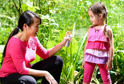 Protecting your child from mosquito bites can be done by covering the crib, baby carrier, or stroller with mosquito netting. 